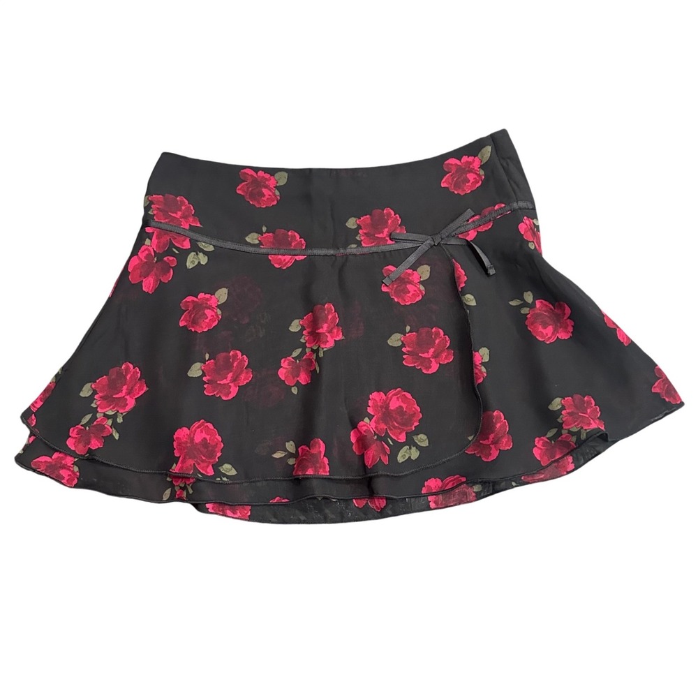 Sugar & Jade Girls Size 10 Black Red Rose Floral Chiffon Mini Skirt with Bow